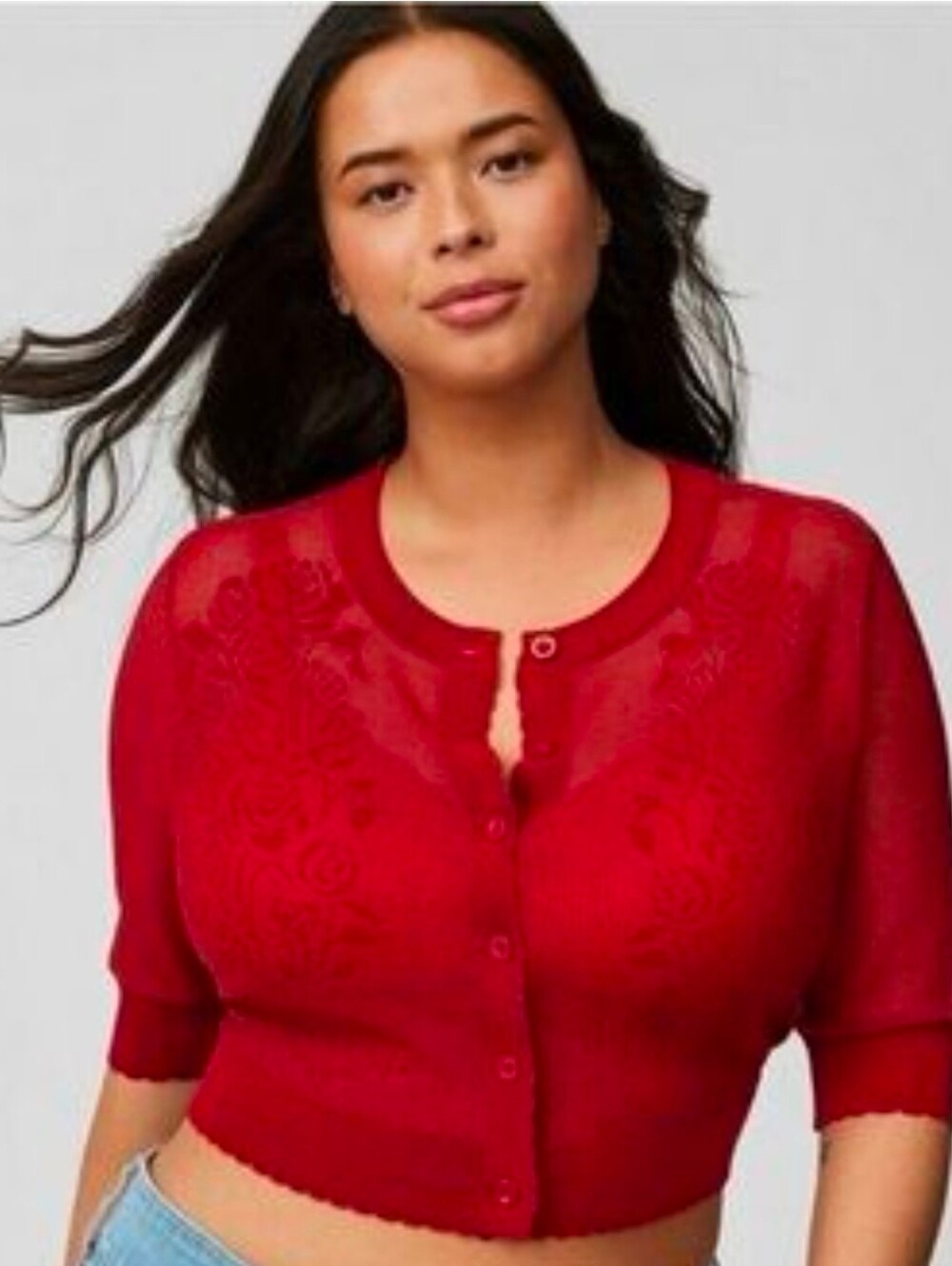 Torrid Pointelle Lace Button Front Crop Shrug Size 4